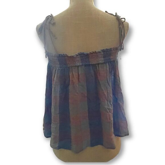 Loft | EUC Women’s Loft XS Pink Blue Plaid Smocked Tie Shoulder Cami Tank Top - Picture 7 of 7